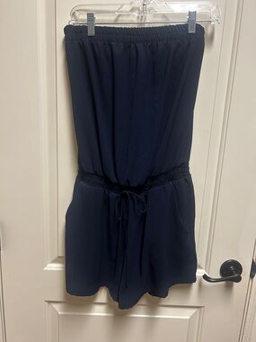 Tyche Navy Strapless Romper with Elastic Waist and Tie